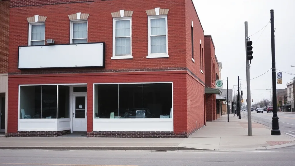 A two storey red brick main street building with plain white trimmed storefront windows, a recessed door and a blank sign board, on an empty weekday street.