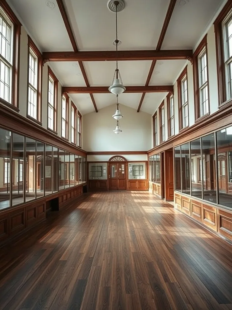 The main hall, glass display cases running down both walls beneath tall street windows, worn wood plank floor.
