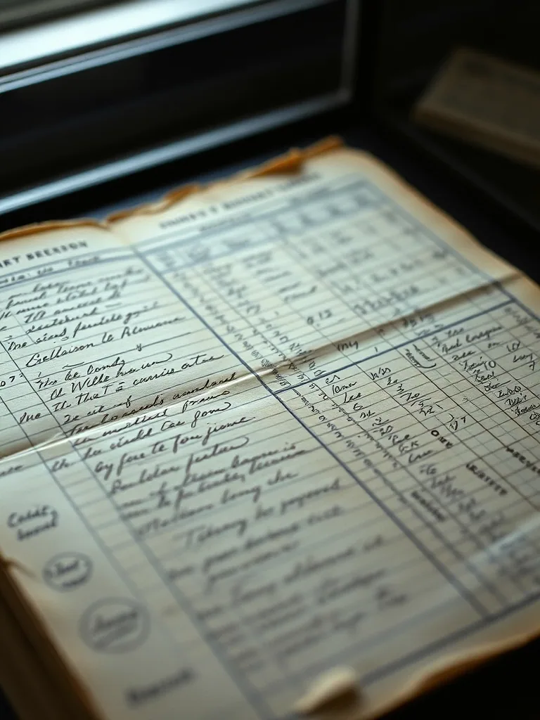 A handwritten nineteenth century ledger lying open under museum glass, its ruled columns catching the light.