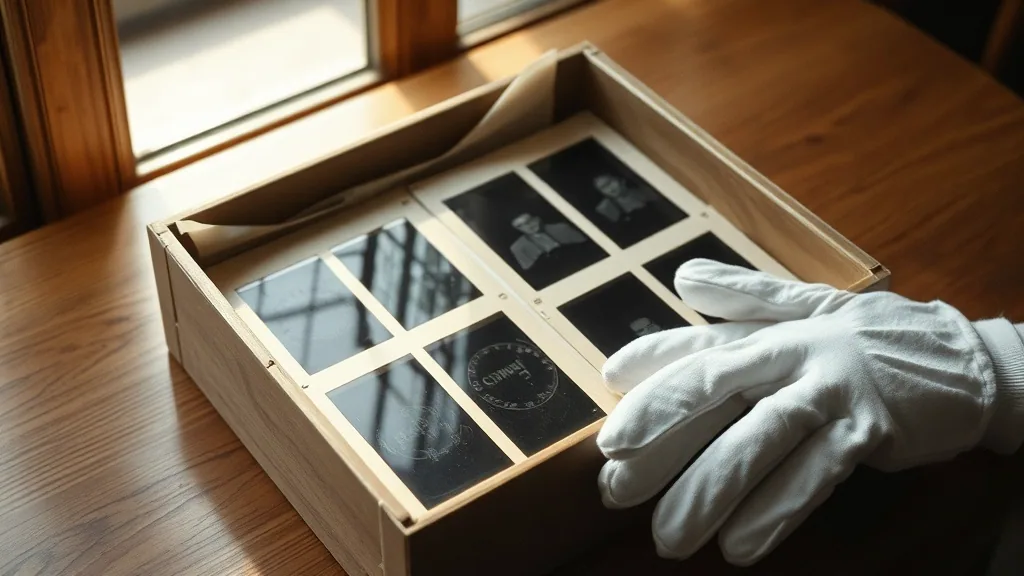 A shallow wooden box of glass plate negatives in paper sleeves on a table, a white cotton glove laid beside it.