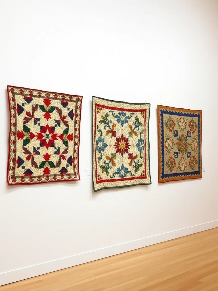 Three pieced quilts hung full length on a plain gallery wall.