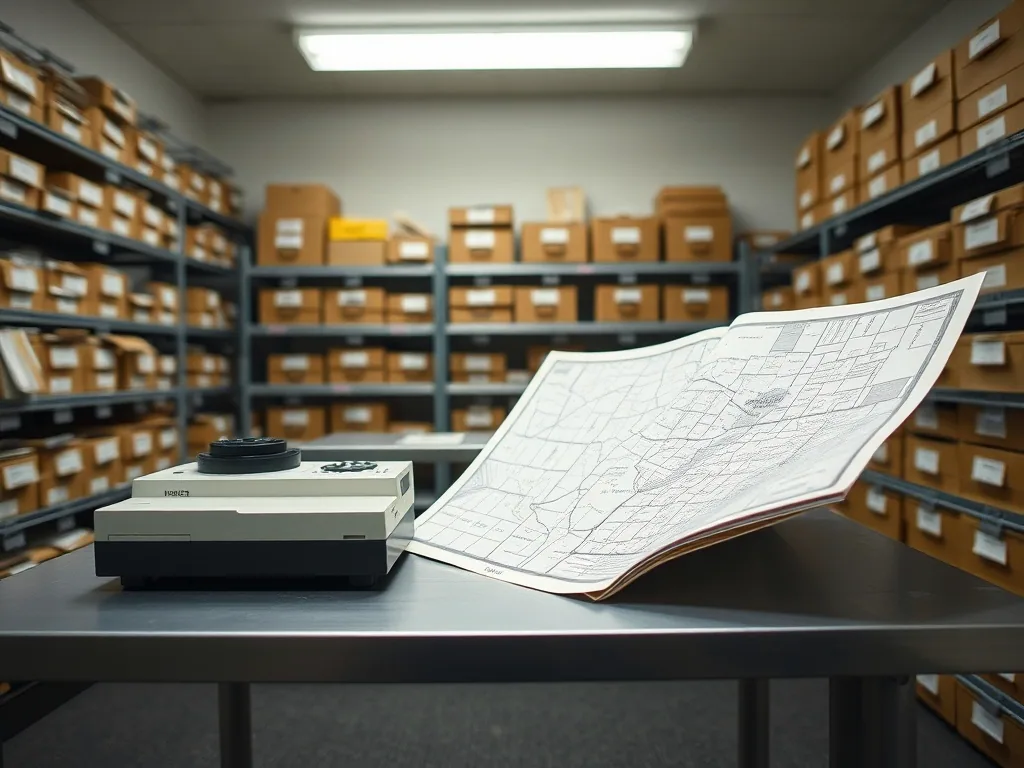 A microfilm reader and a wide folded plat map open on a steel research table, shelves of document boxes behind.